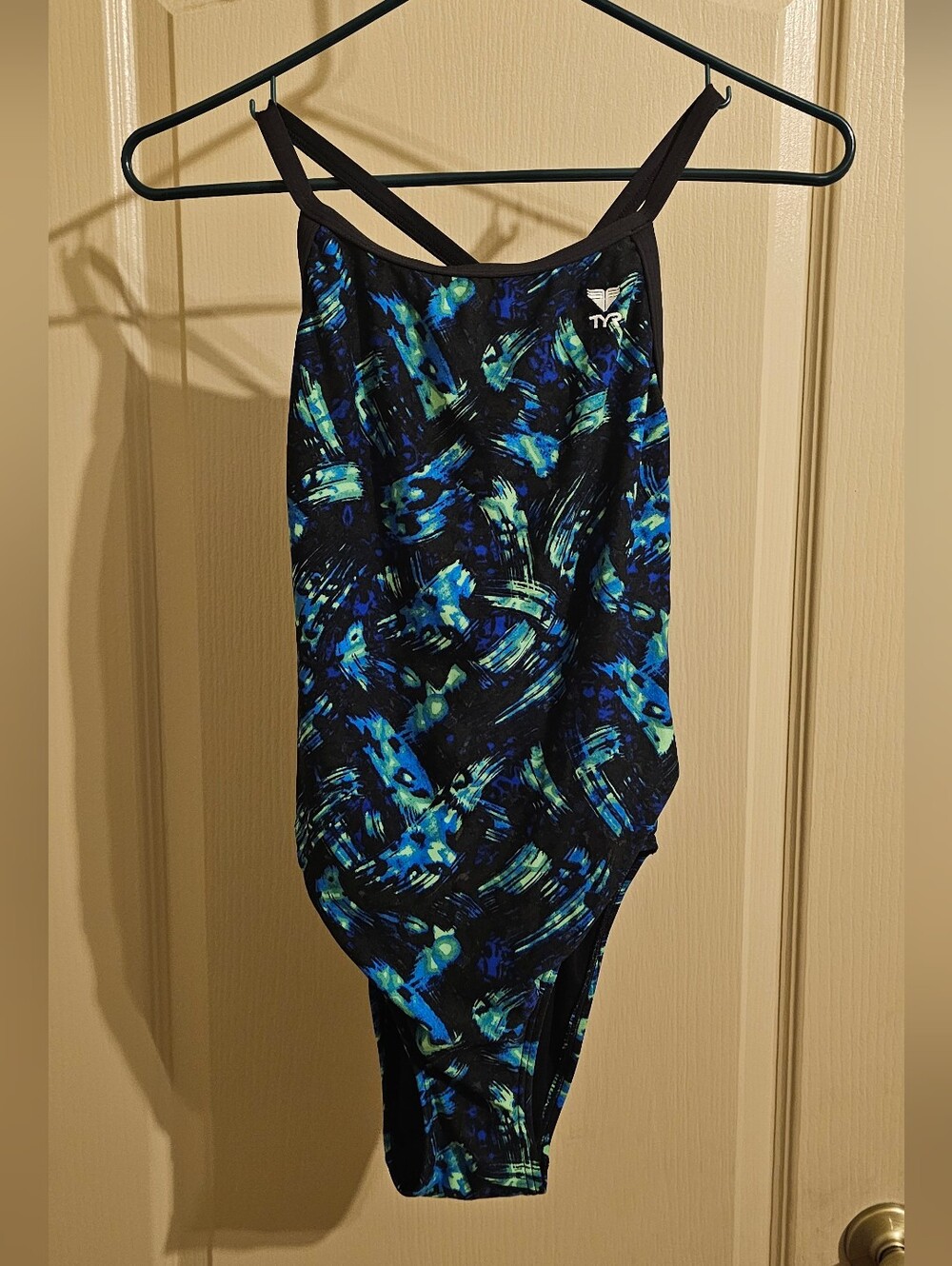 TYR DiamondFit Swimsuit Featuring A Vibrant Blue And Green Abstract Colors 34